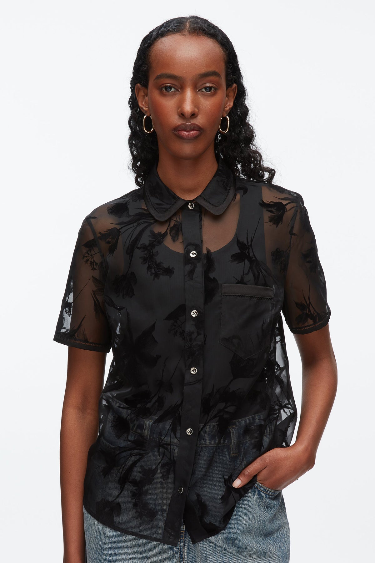 Flocked Organza Short Sleeve Shirt Black