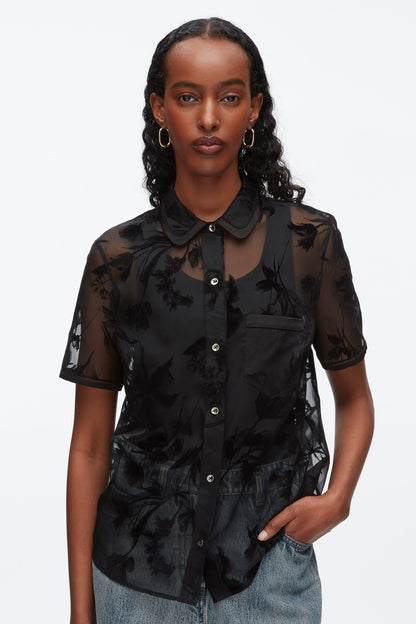 Flocked Organza Short Sleeve Shirt Black