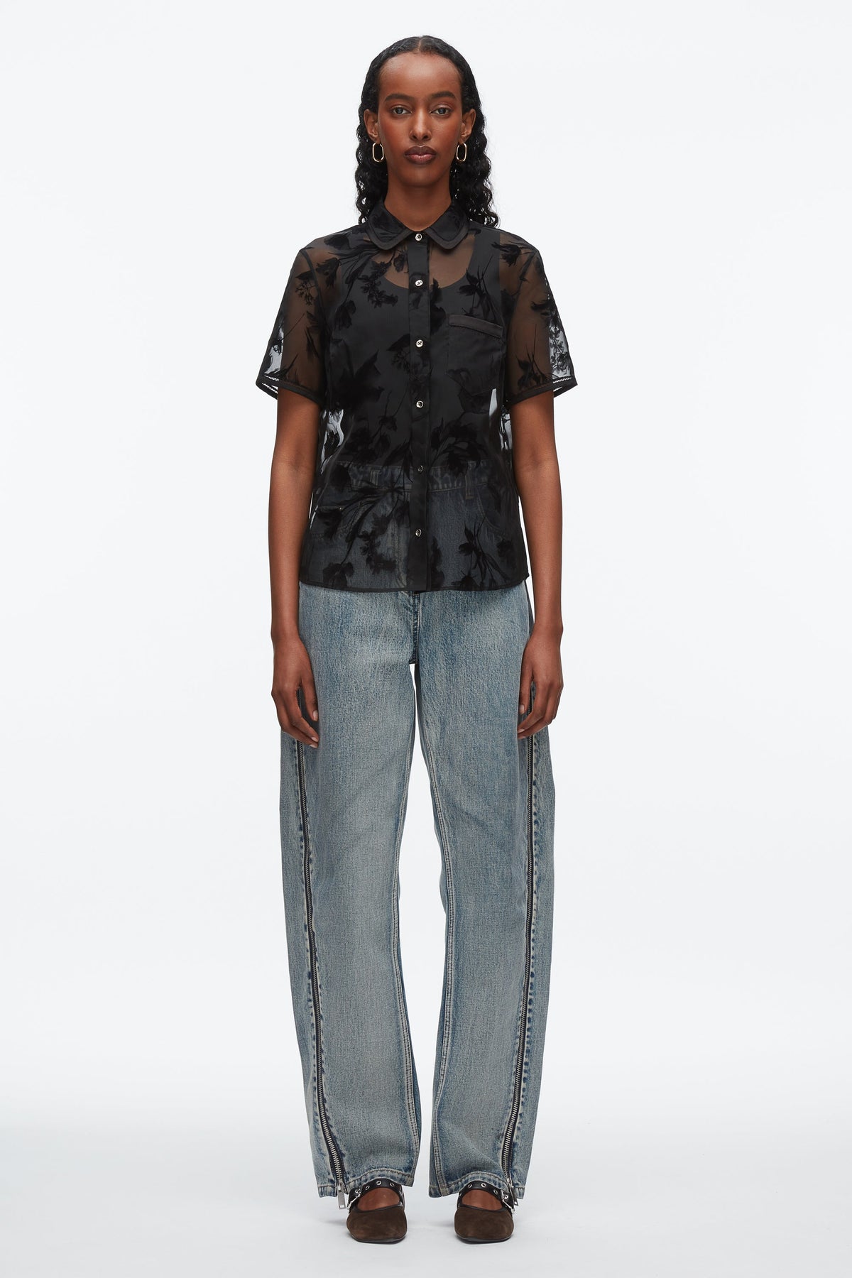 Flocked Organza Short Sleeve Shirt Black