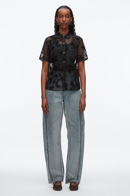 Flocked Organza Short Sleeve Shirt Black