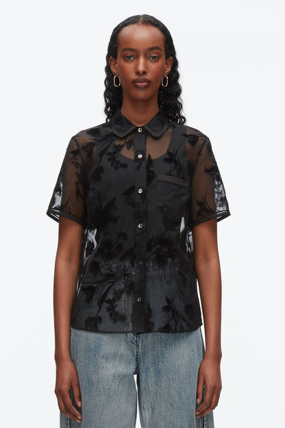 Flocked Organza Short Sleeve Shirt Black