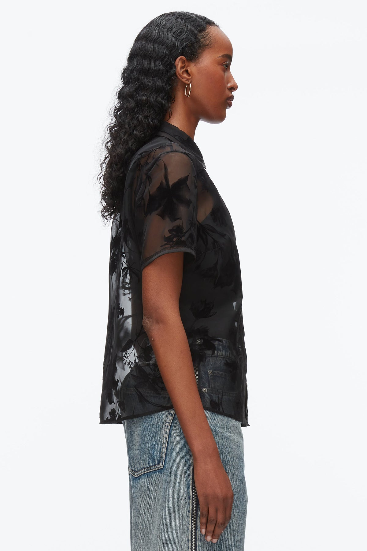 Flocked Organza Short Sleeve Shirt Black