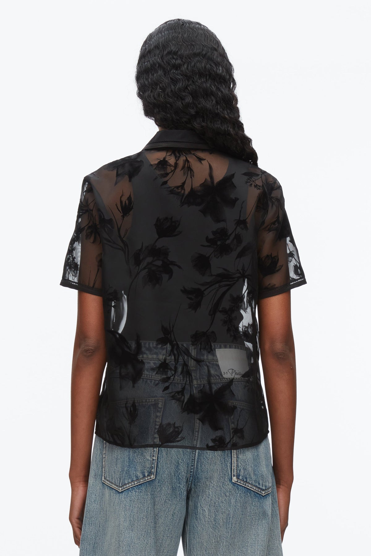 Flocked Organza Short Sleeve Shirt Black