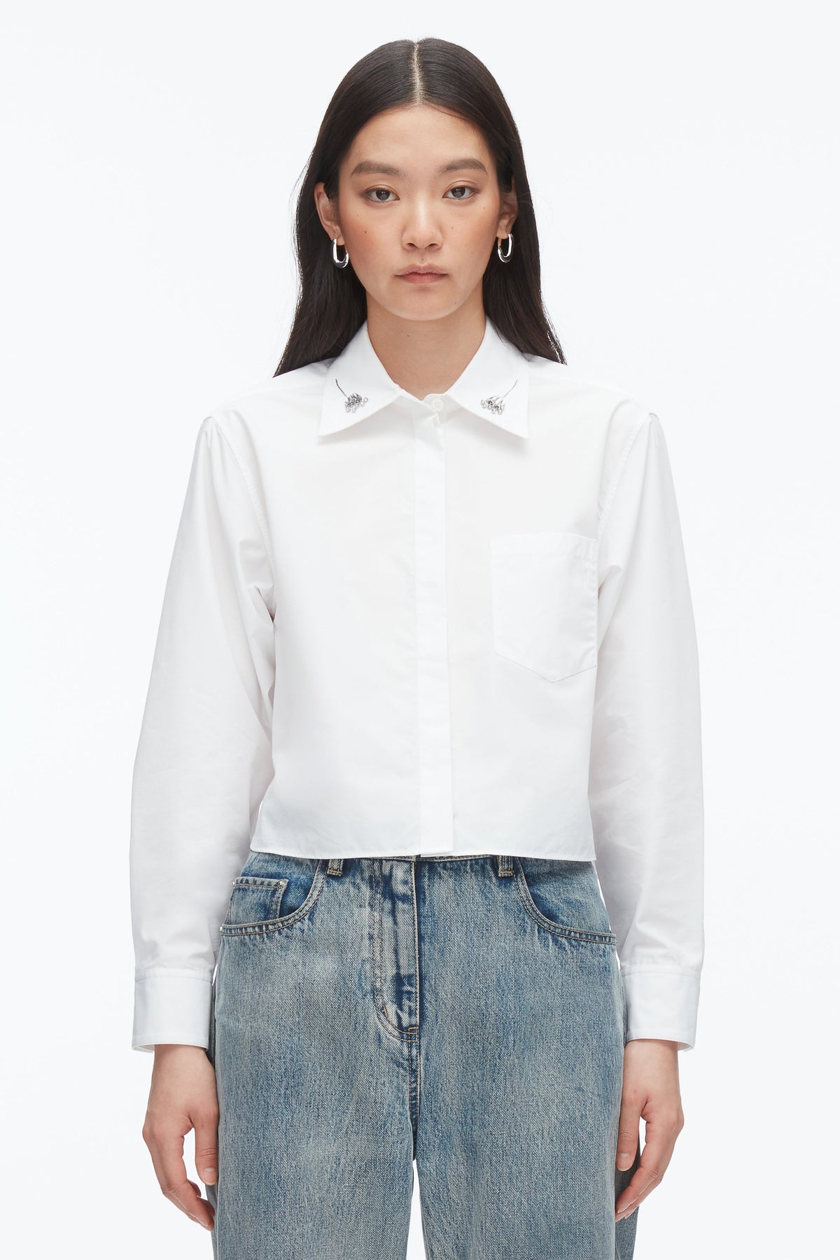 Cropped Shirt with Embroidered Collar White