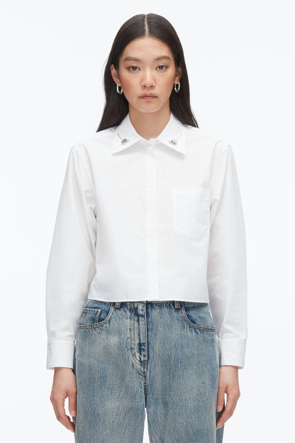 Cropped Shirt with Embroidered Collar White