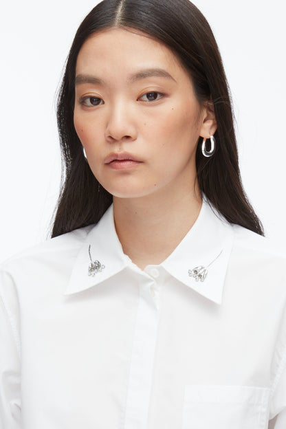 Cropped Shirt with Embroidered Collar White
