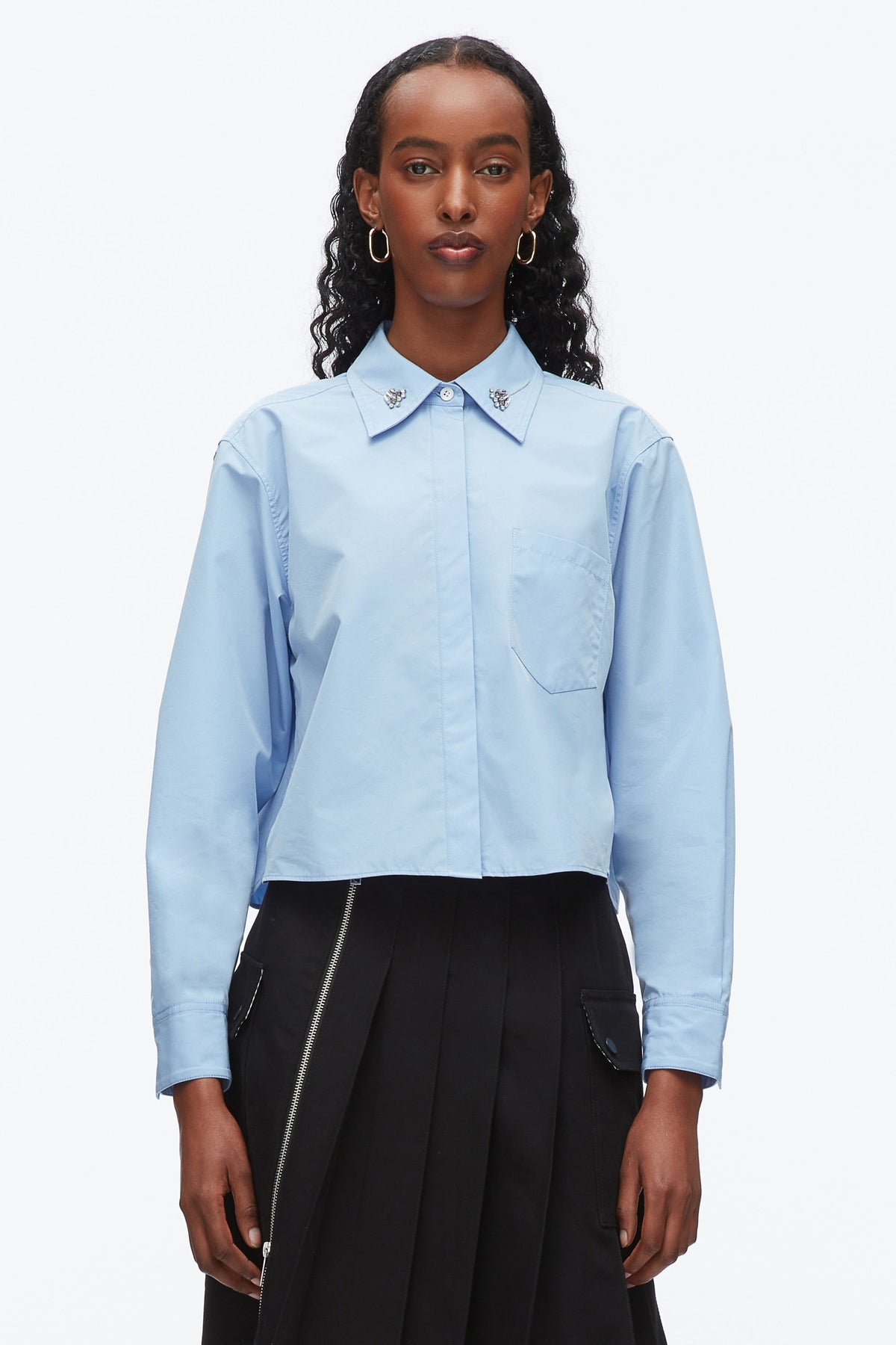 Cropped Shirt with Embroidered Collar Oxford Blue