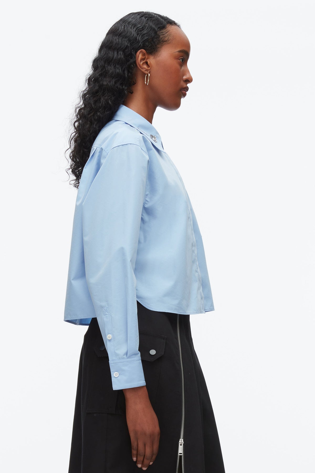 Cropped Shirt with Embroidered Collar Oxford Blue