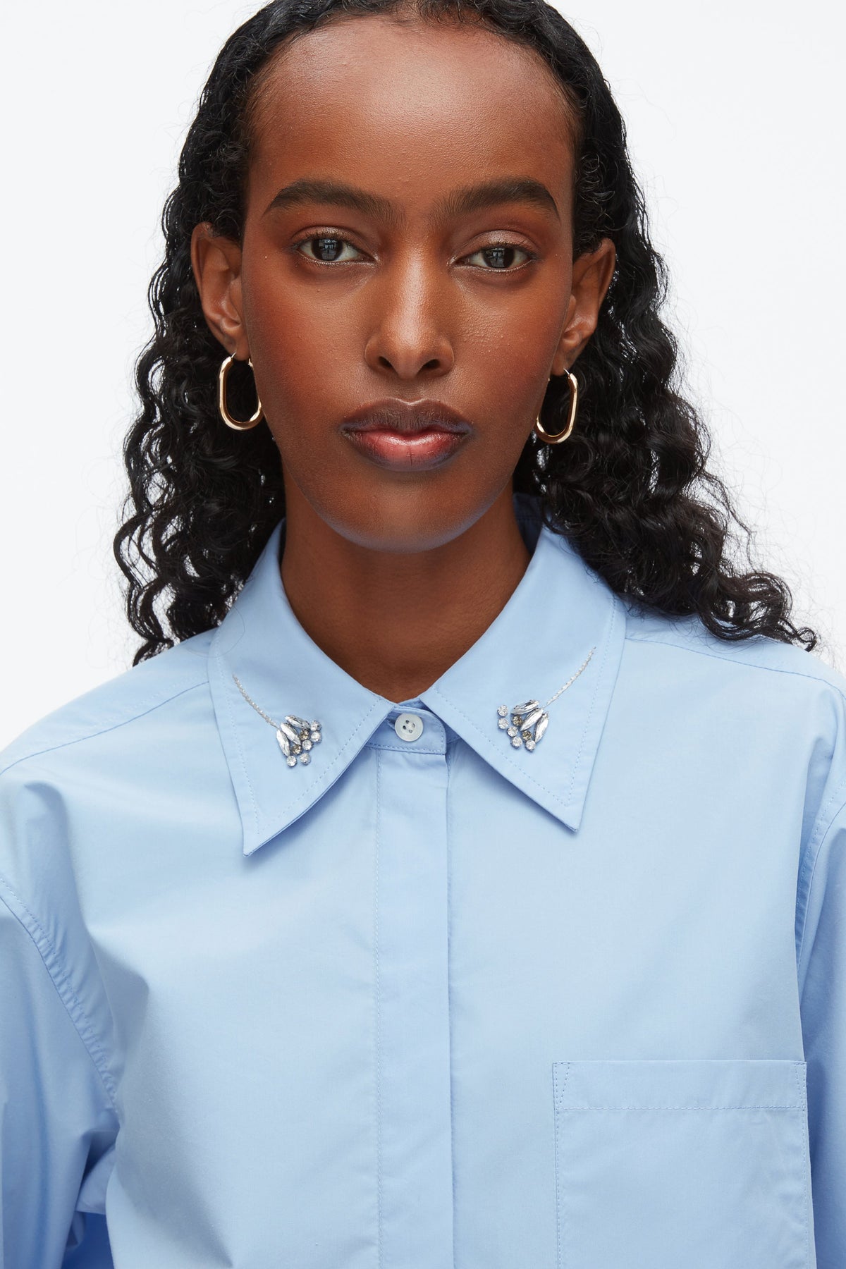 Cropped Shirt with Embroidered Collar Oxford Blue