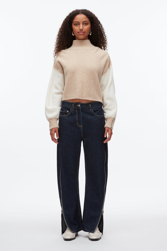 Colorblock Zip Sleeve Turtleneck Ivory-Beige