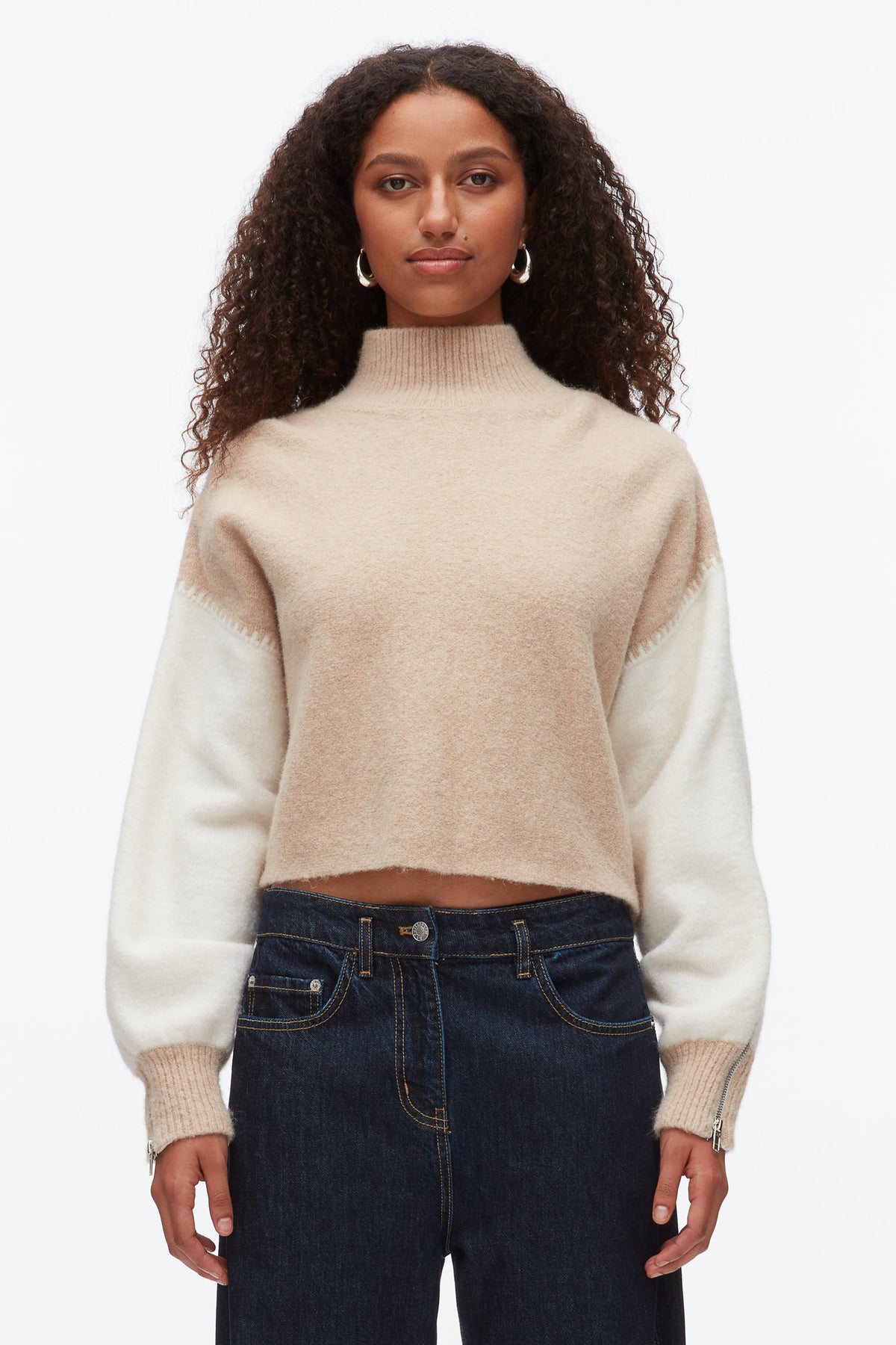 Colorblock Zip Sleeve Turtleneck Ivory-Beige