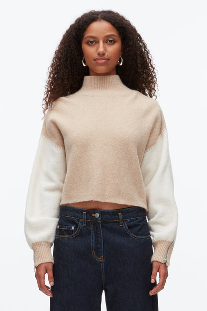 Colorblock Zip Sleeve Turtleneck Ivory-Beige