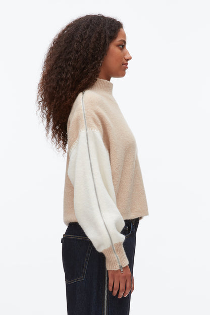 Colorblock Zip Sleeve Turtleneck Ivory-Beige