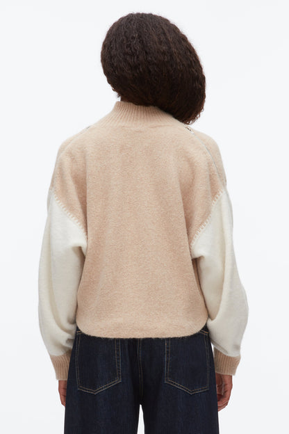 Colorblock Zip Sleeve Turtleneck Ivory-Beige