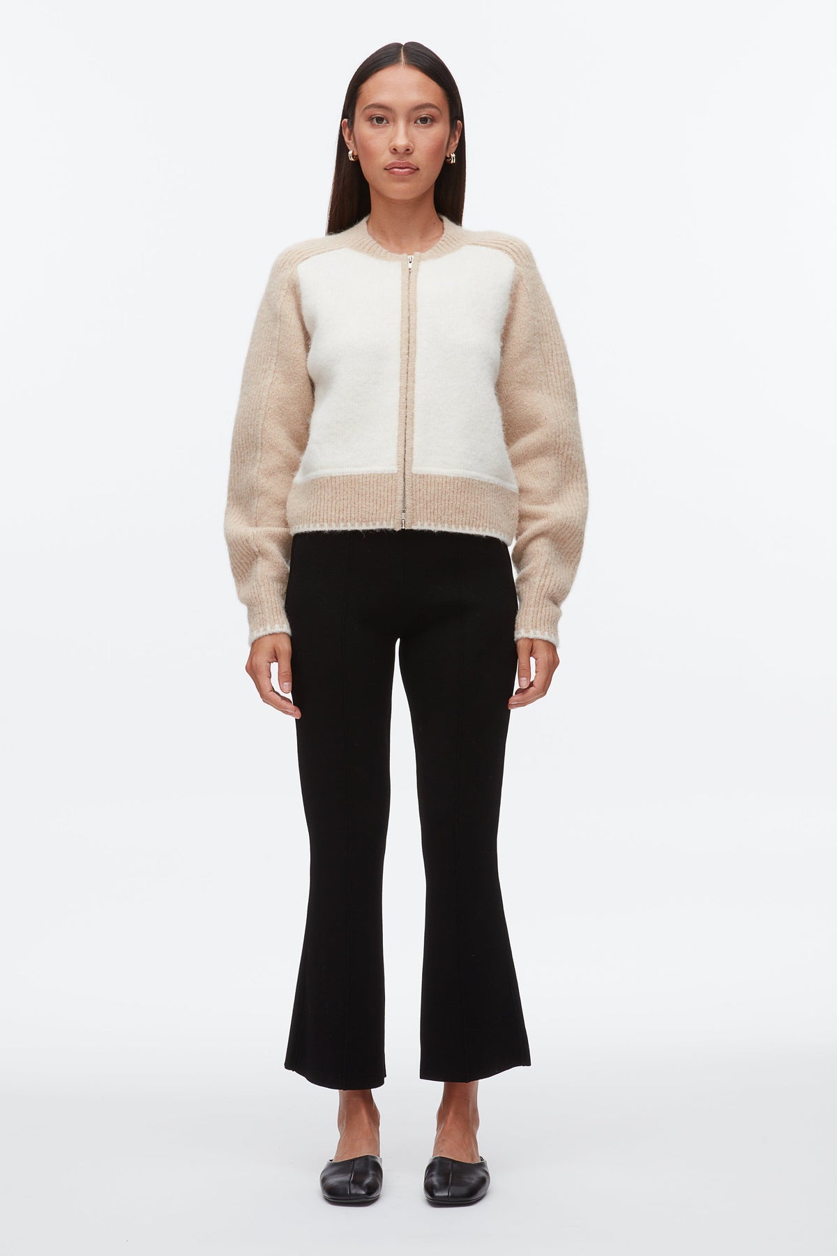 Colorblock Zip Cardigan Ivory-Beige