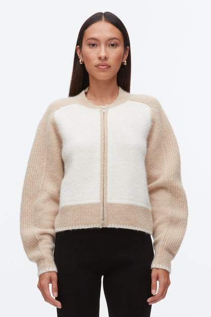 Colorblock Zip Cardigan Ivory-Beige