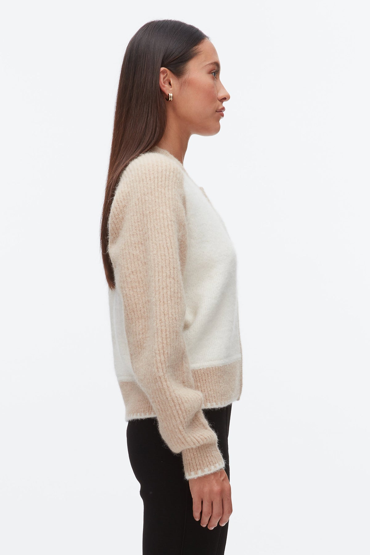 Colorblock Zip Cardigan Ivory-Beige