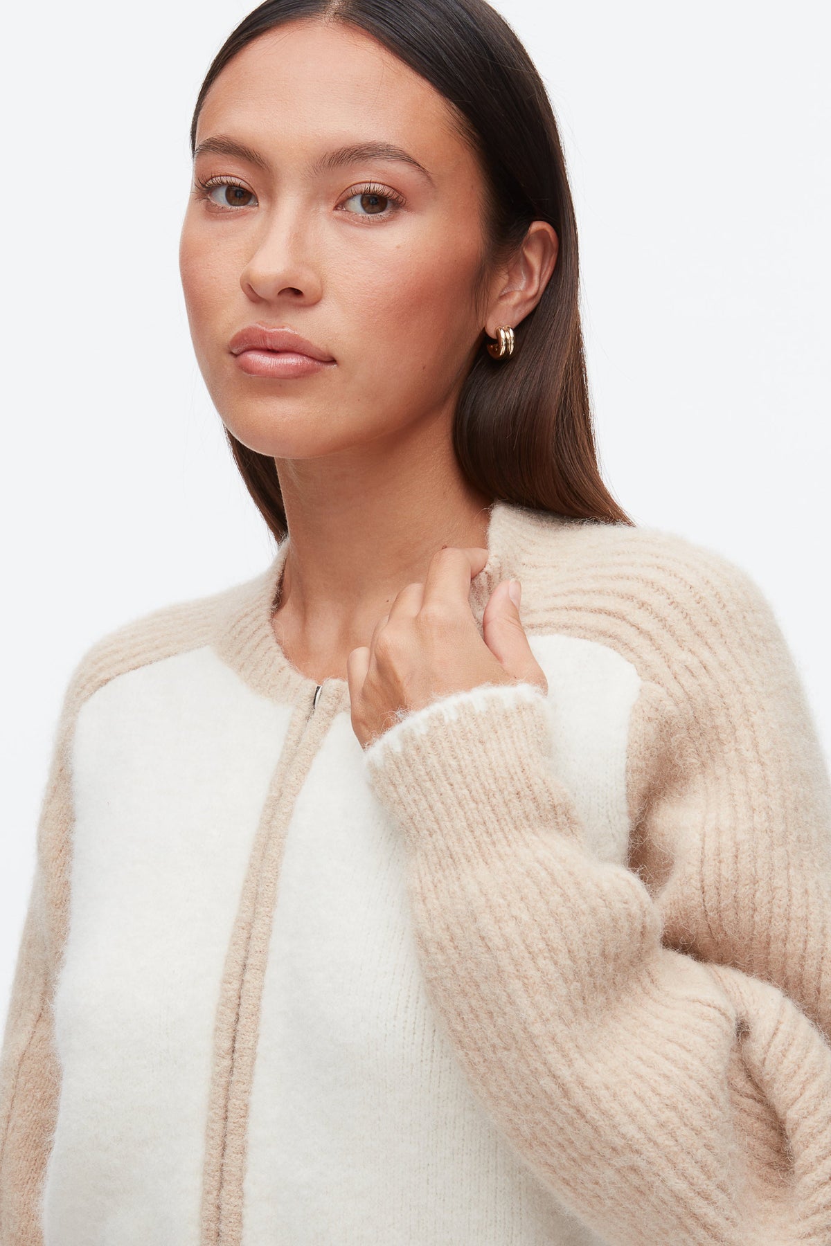 Colorblock Zip Cardigan Ivory-Beige