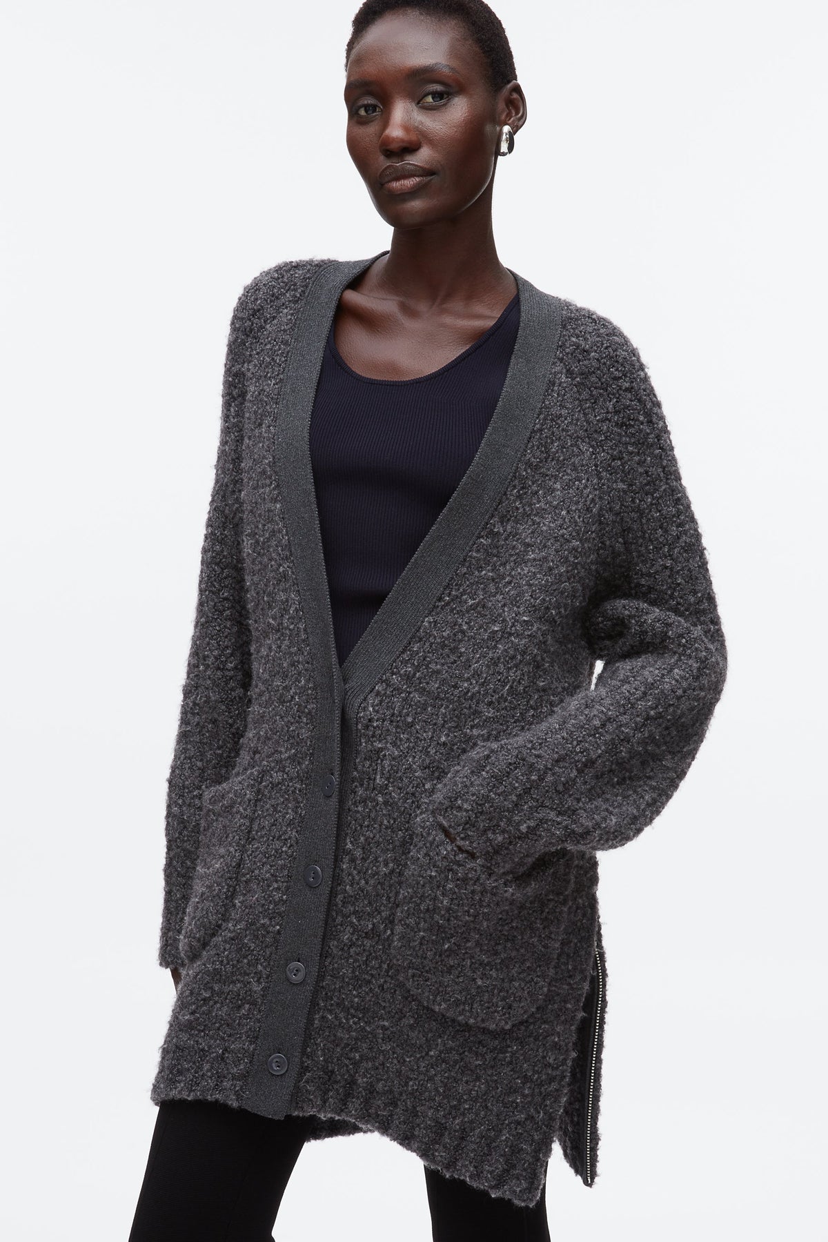 Boucle Cardigan Coat Charcoal Melange