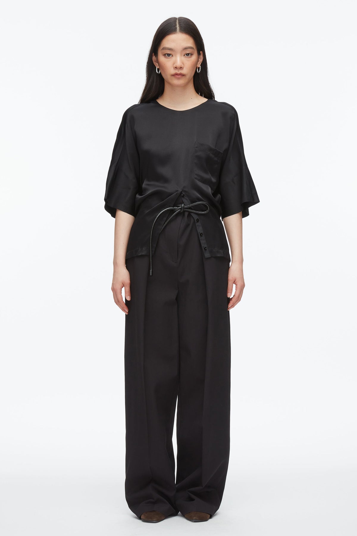 Short Sleeve Top with Button Placket Black