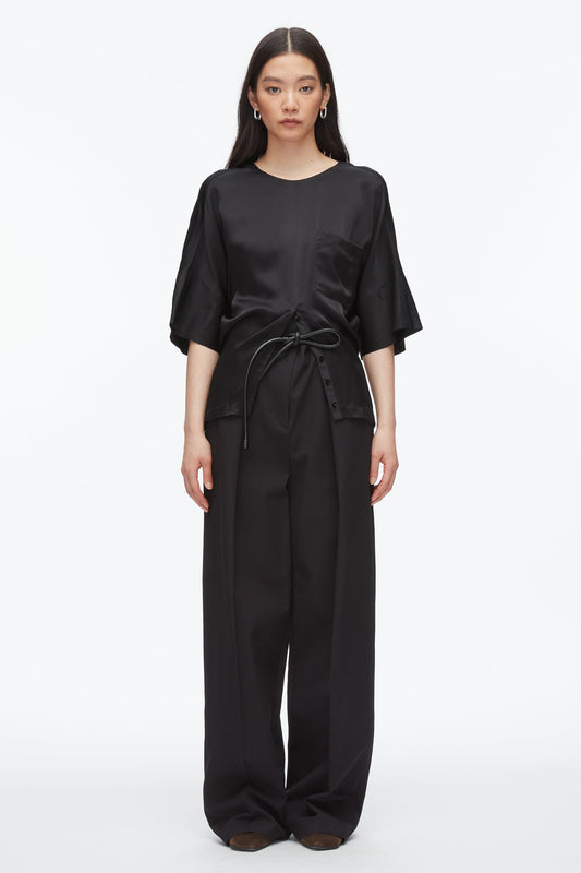 Short Sleeve Top with Button Placket Black