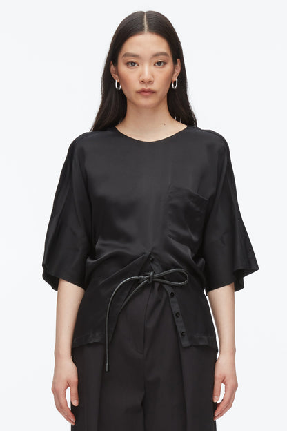 Short Sleeve Top with Button Placket Black