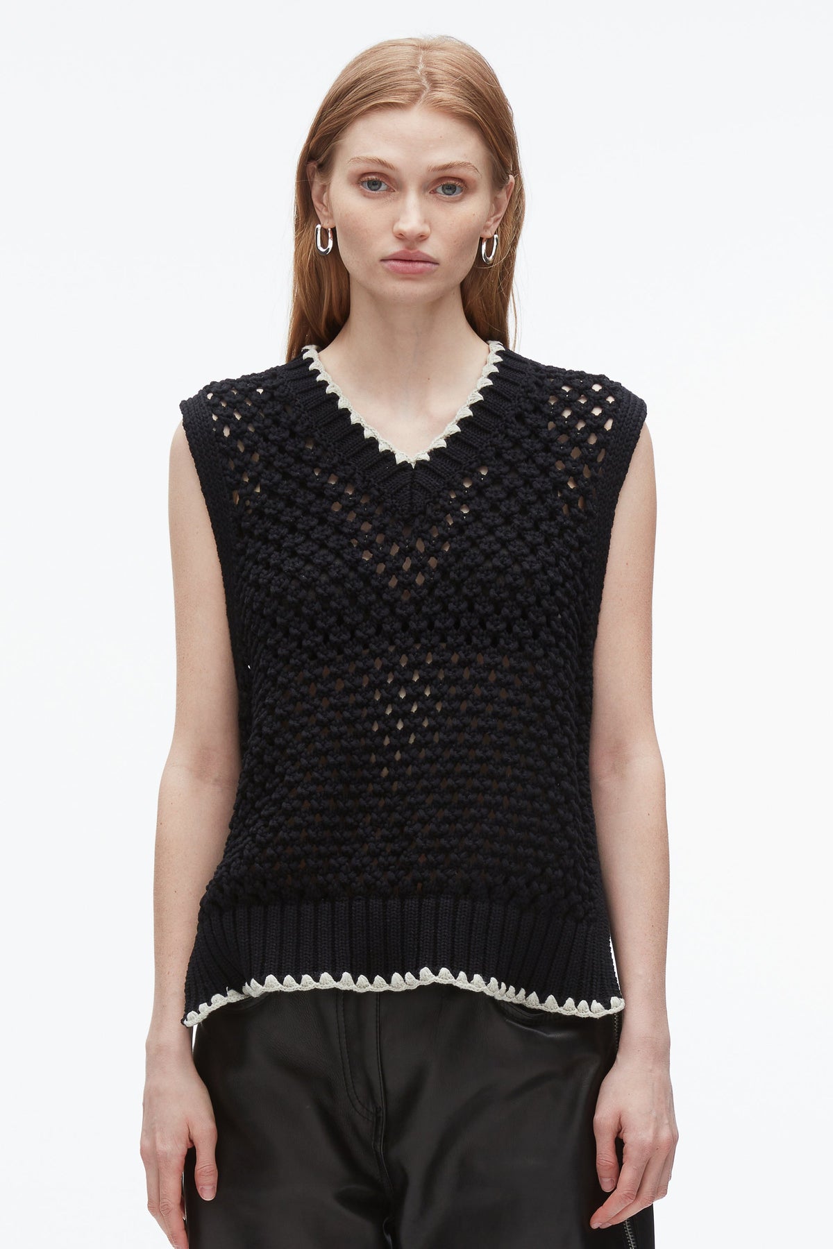 Open Work V-Neck Shell Black