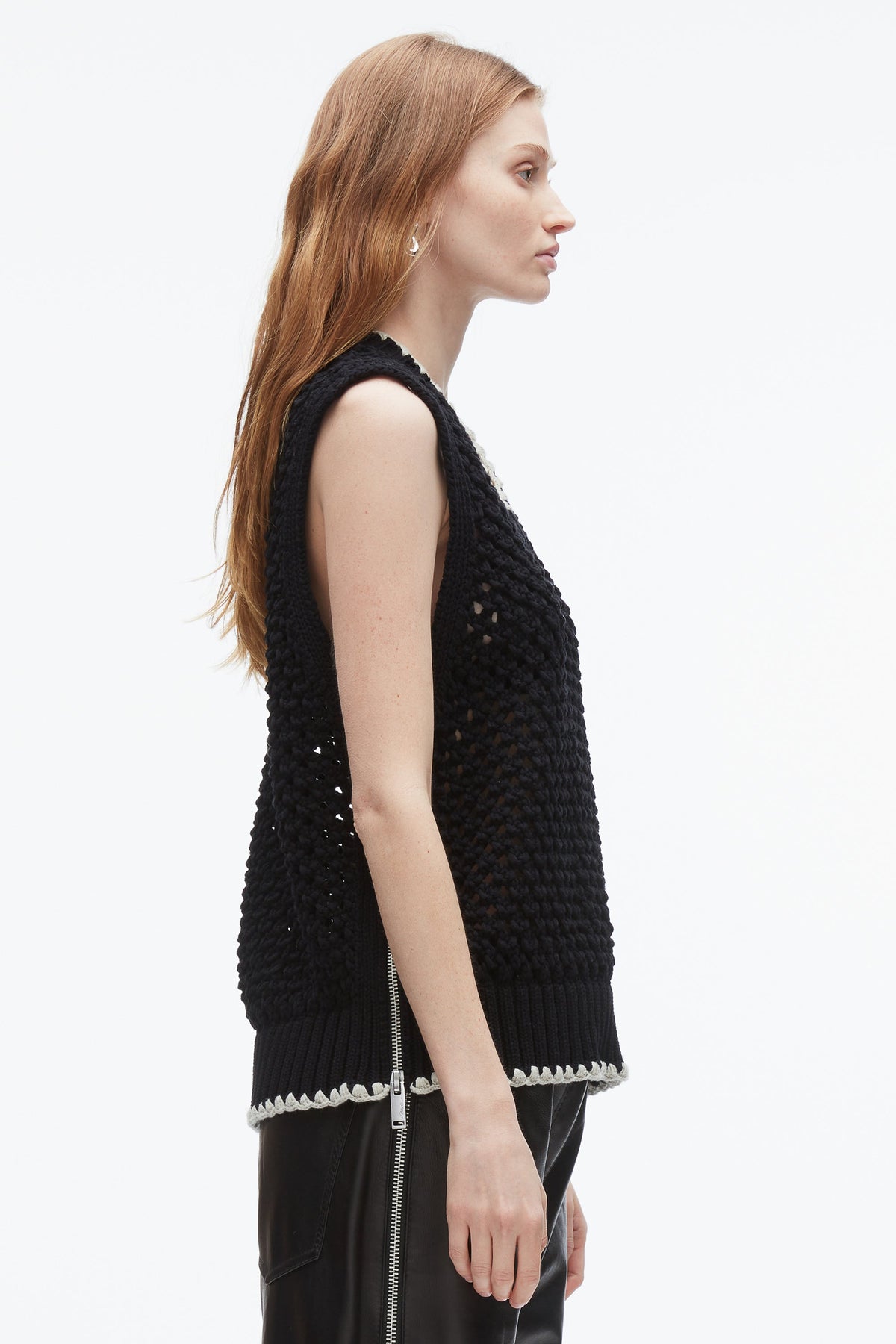 Open Work V-Neck Shell Black