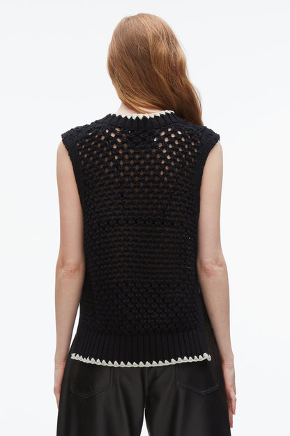 Open Work V-Neck Shell Black
