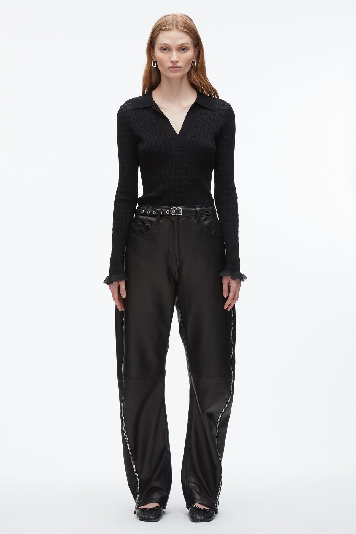 Leather Barrel Jean with Zippers Black