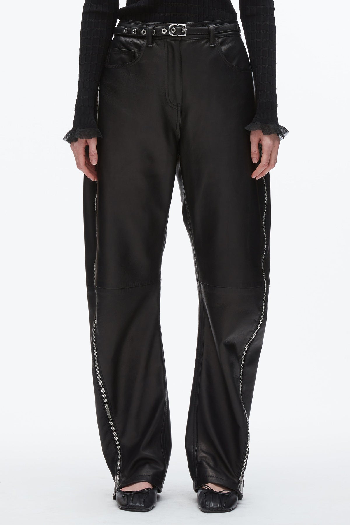 Leather Barrel Jean with Zippers Black
