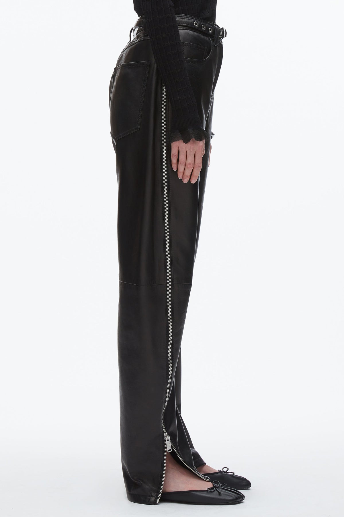 Leather Barrel Jean with Zippers Black