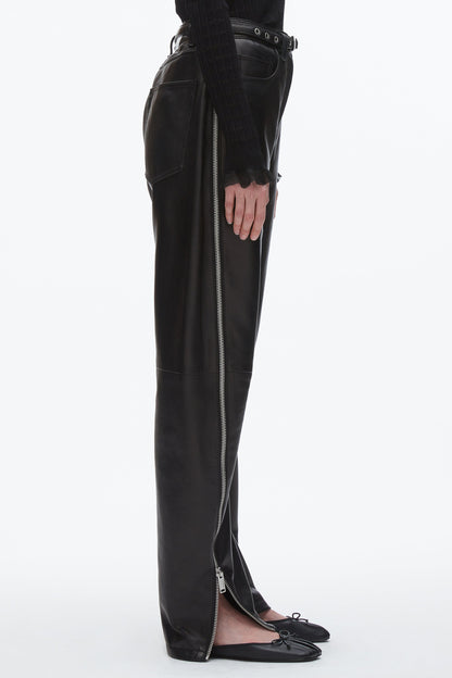 Leather Barrel Jean with Zippers Black