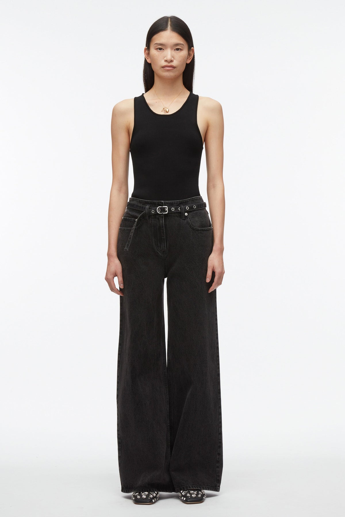 Wide Leg Belted Jeans Washed Blk