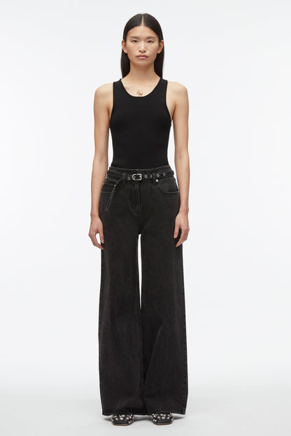 Wide Leg Belted Jeans Washed Blk