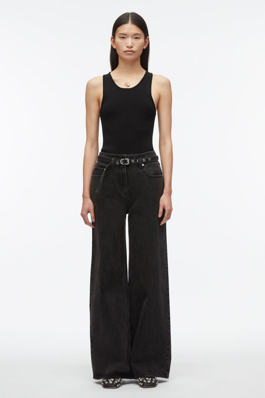 Wide Leg Belted Jeans Washed Blk