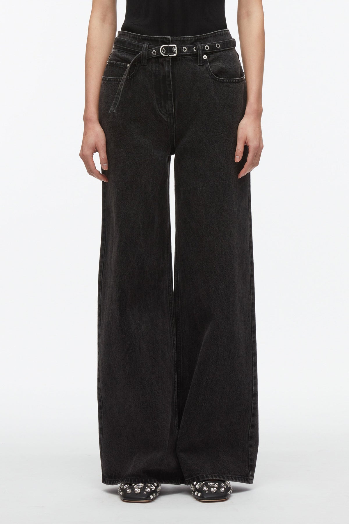 Wide Leg Belted Jeans Washed Blk