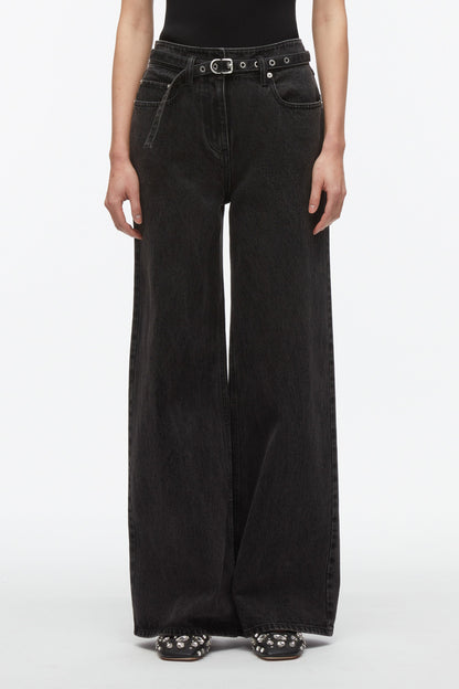 Wide Leg Belted Jeans Washed Blk