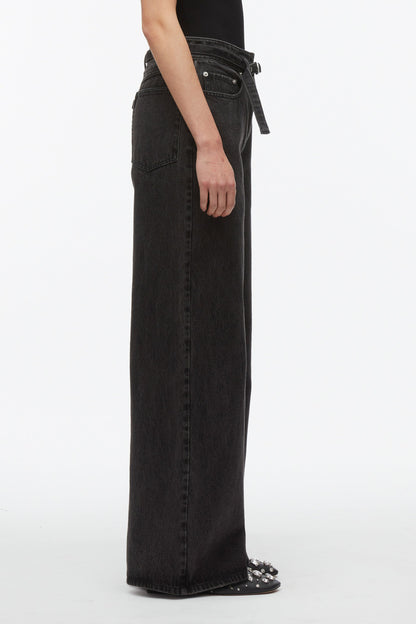 Wide Leg Belted Jeans Washed Blk