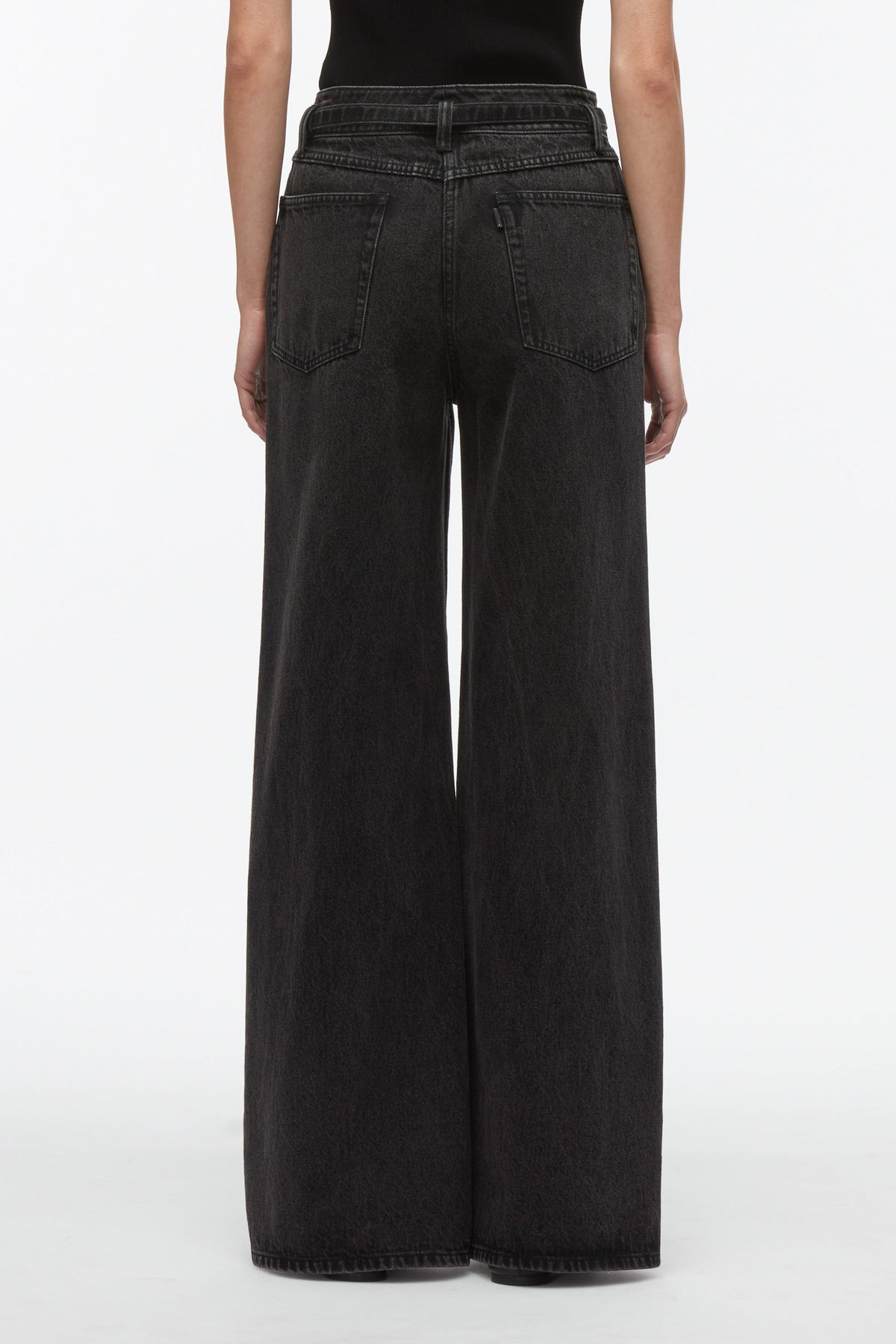 Wide Leg Belted Jeans Washed Blk