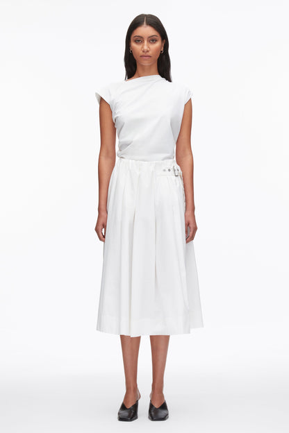 Belted Gathered Midi Skirt White