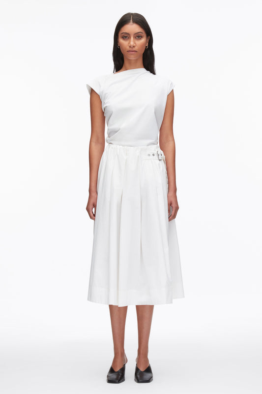 Belted Gathered Midi Skirt White