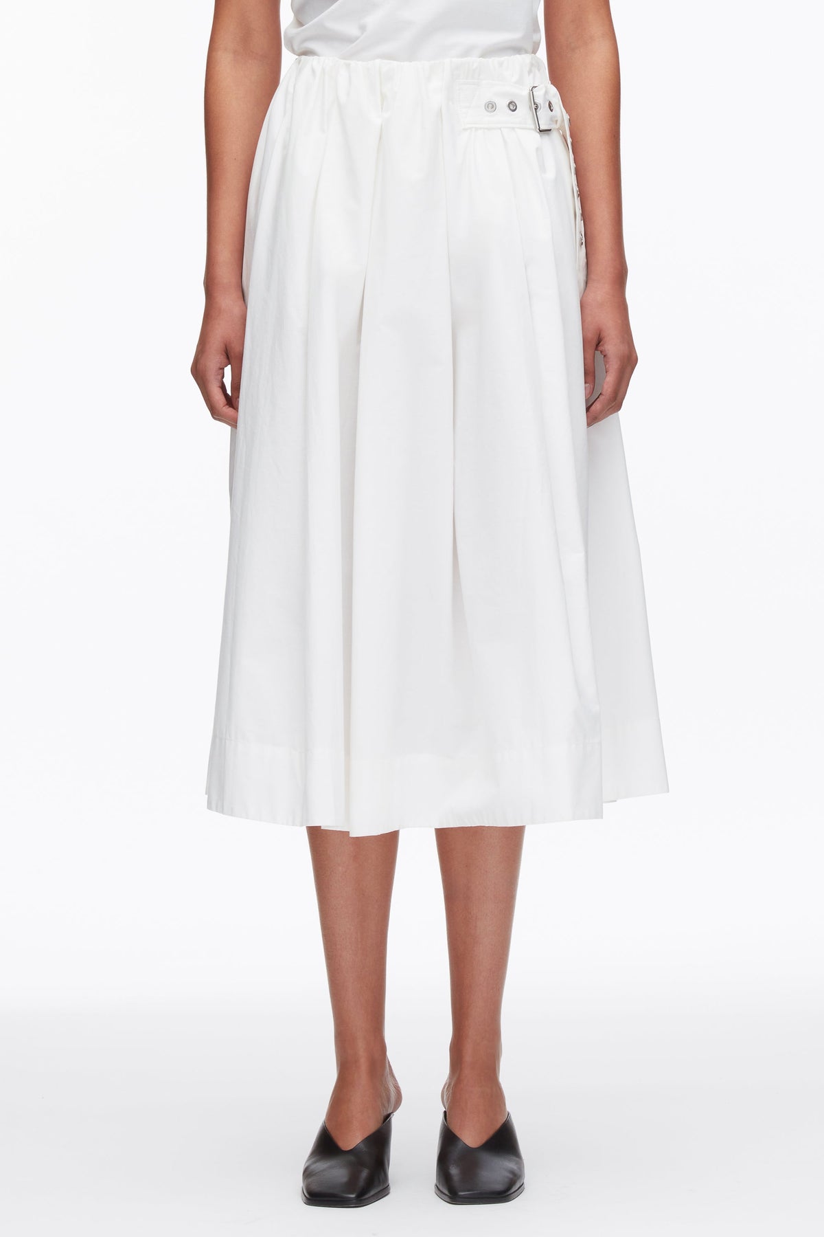 Belted Gathered Midi Skirt White