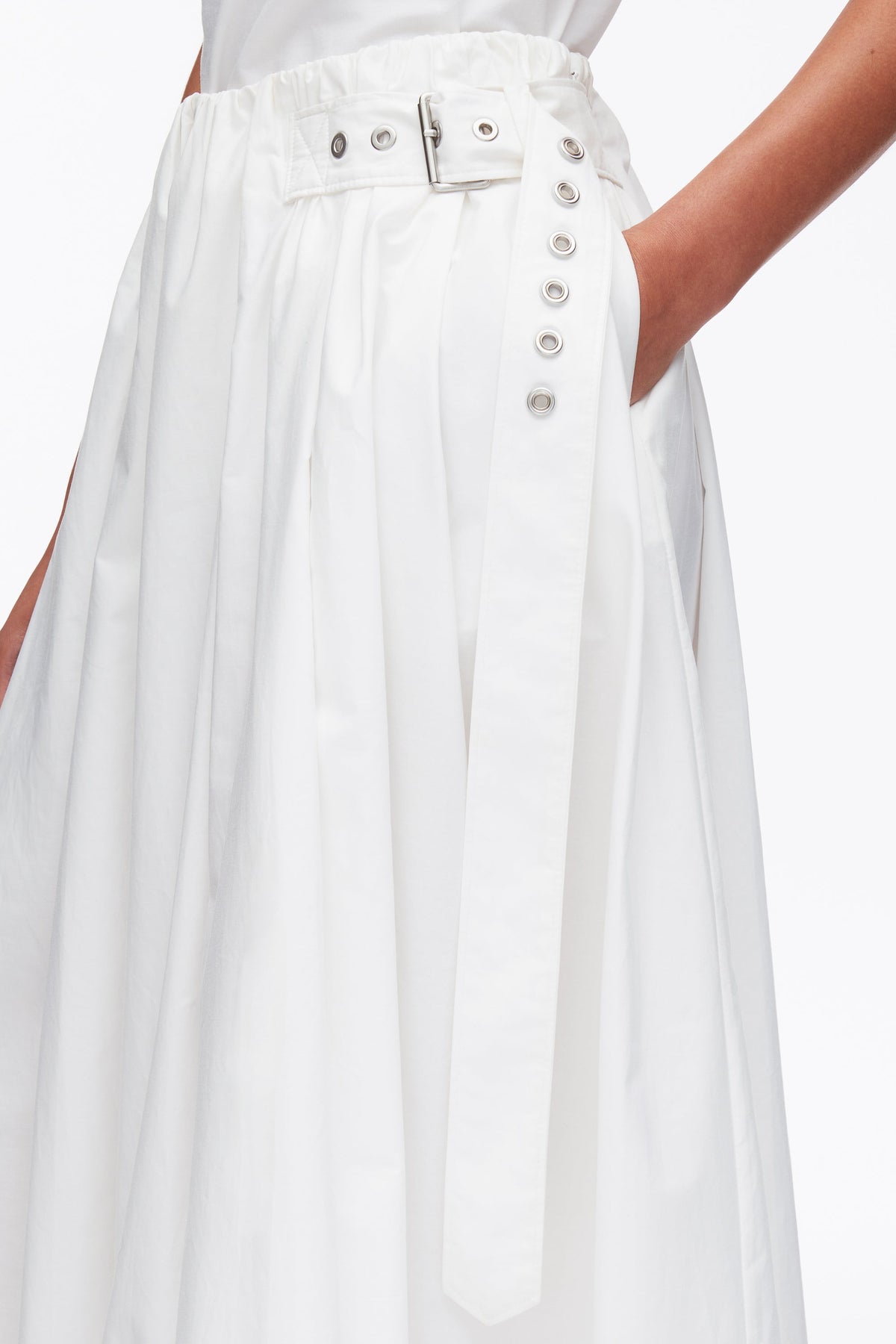 Belted Gathered Midi Skirt White