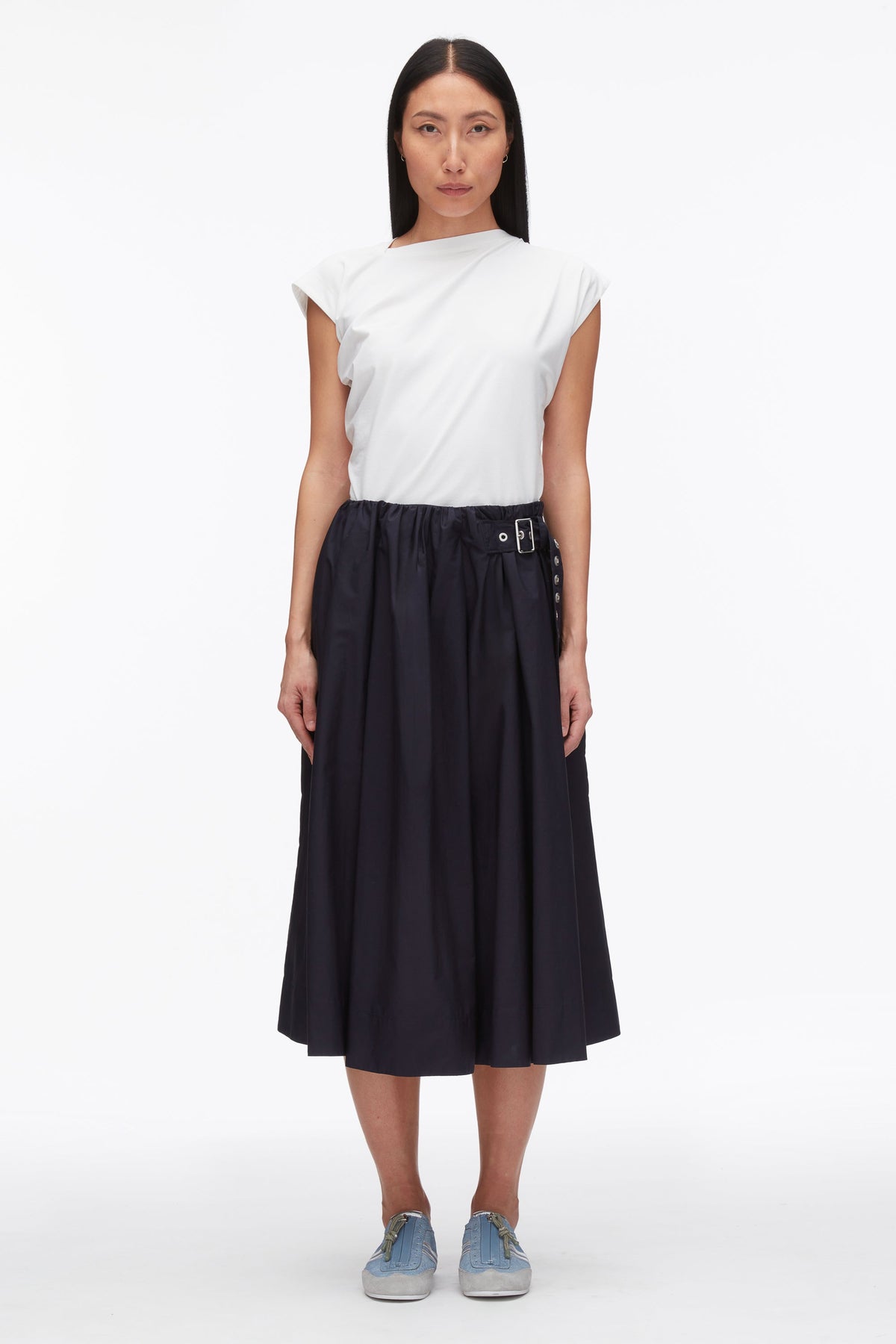 Belted Gathered Midi Skirt Midnight