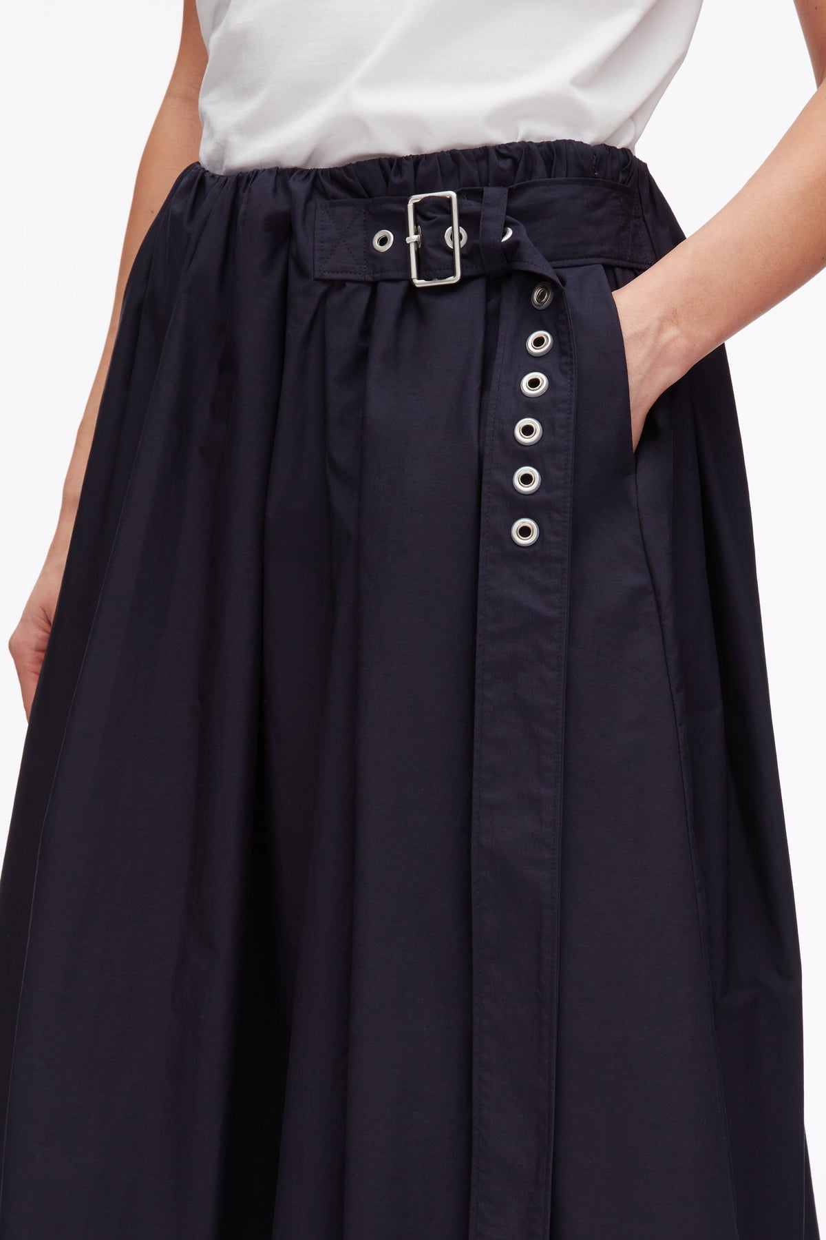 Belted Gathered Midi Skirt Midnight