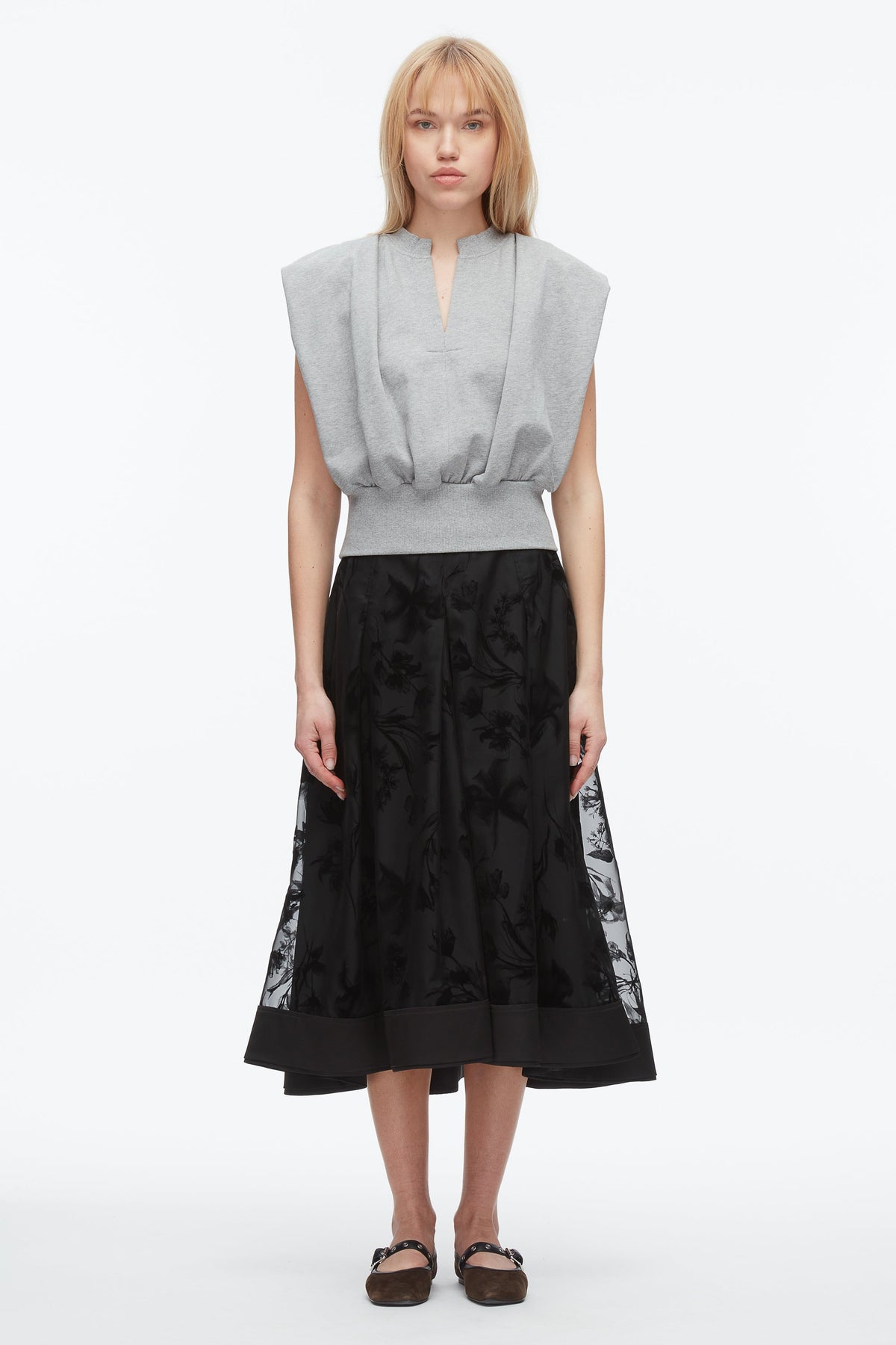 Flocked Organza Midi Skirt Black