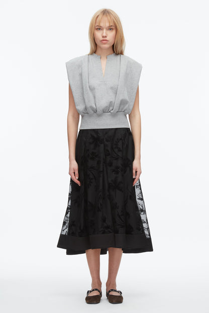 Flocked Organza Midi Skirt Black