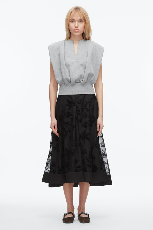 Flocked Organza Midi Skirt Black