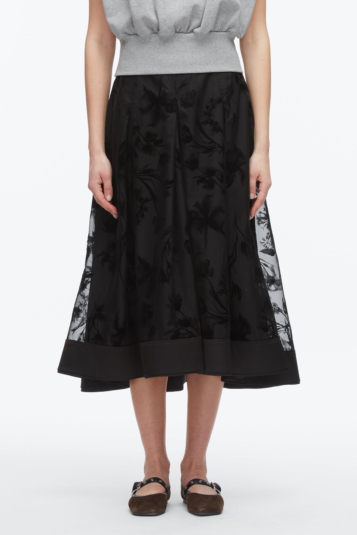 Flocked Organza Midi Skirt Black